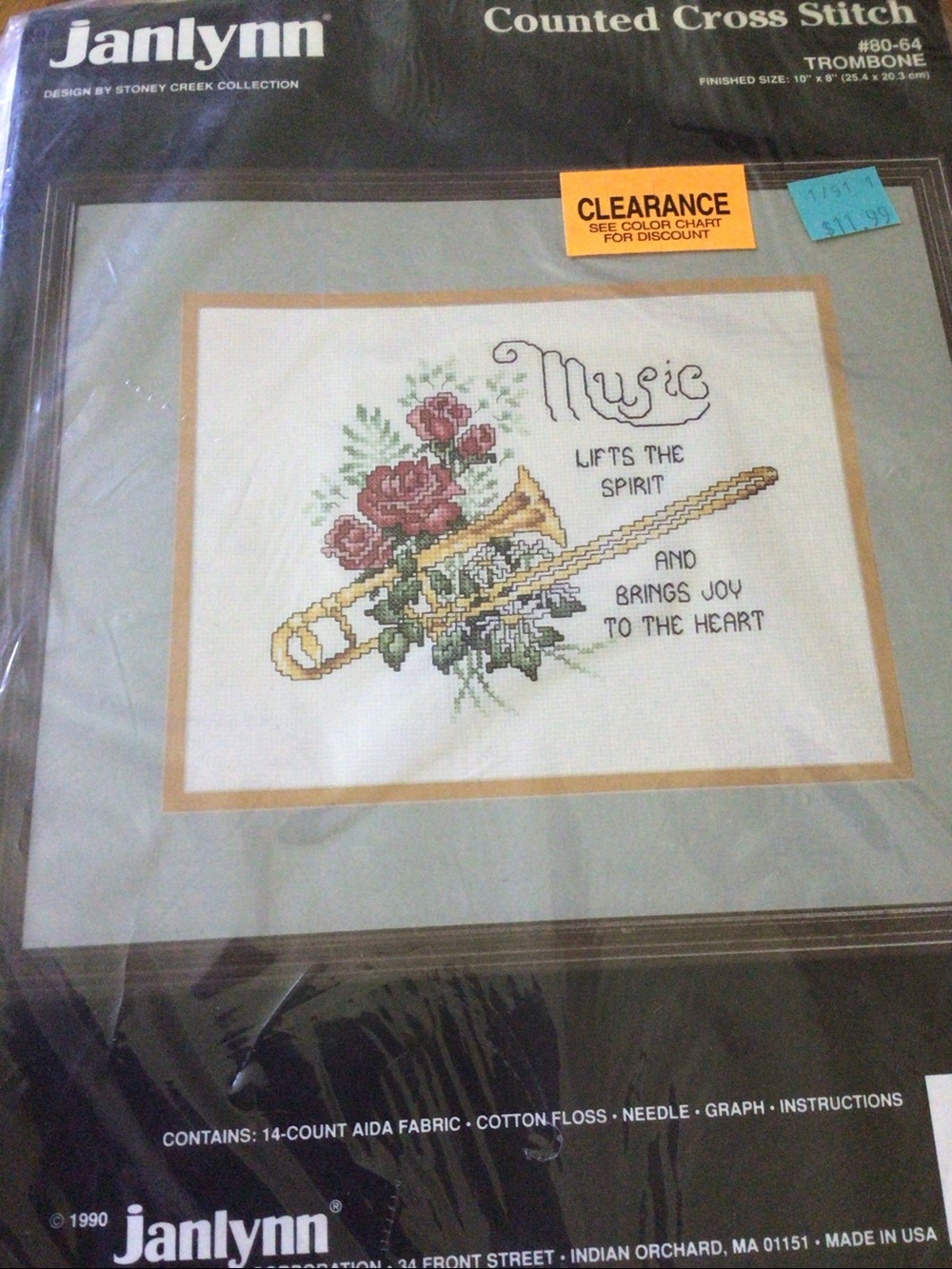 Janlynn Counted Cross Stitch 'Trombone' Floral Music Design - Green/Gold/Red